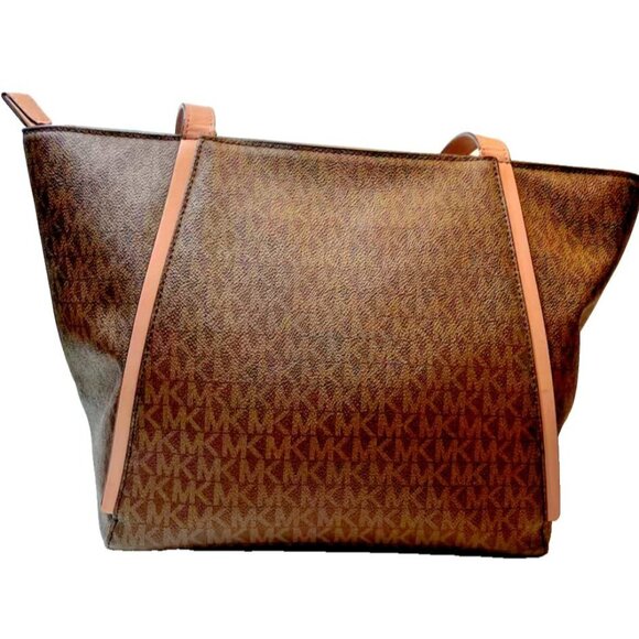 Michael Kors Tote Bag Brown Logo Print Leather Trim Style 30T8TN1T1B Authenticat - Picture 3 of 16